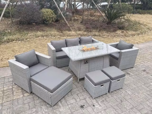 Fimous Modern Rattan Garden Furniture Set with Gas Fire Pit and Chairs in Light Grey