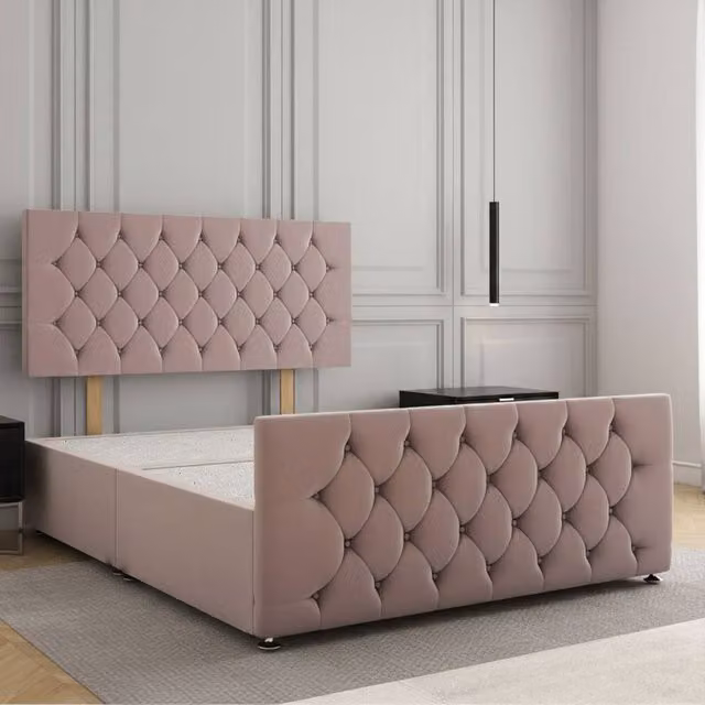 Regional Furnishings Pink Velvet Plush Divan Bed with 24 inch Headboard and 20 inch Footboard, Small Double, W/D/H: 120 x 200 cm