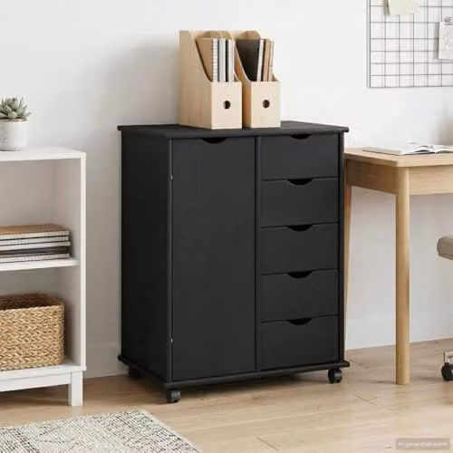 vidaXL Rolling Cabinet in Black Solid Pine Wood, W/D/H: 63.5 x 39 x 79 cm – 2