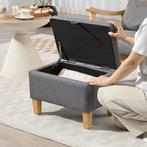 HOMCOM Linen Storage Ottoman with Padded Top and Rubberwood Legs, Grey – 6