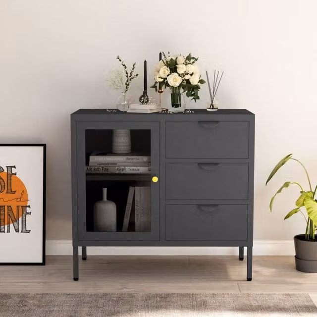 Berkfield Home Anthracite Sideboard in Black with Steel and Tempered Glass, W/D/H: 75 x 35 x 70 cm