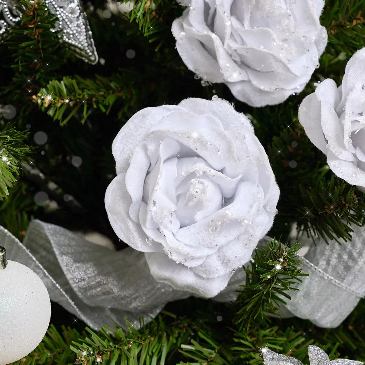 Melody Maison Set of 3 White Velvet Glitter Rose Clip Christmas Decorations, 10 cm – 4