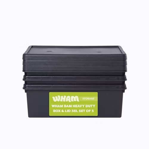 Wham Bam 3 x 36L Stackable Plastic Storage Boxes with Lids and Handles in Black – 1