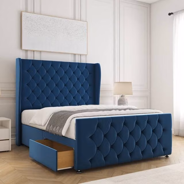 BSSPOKE Anna Plush Velvet Super King Divan Bed with 54 inch Headboard and 2 Drawers in Blue, W/D/H: 160 x 200 x 137.16 cm