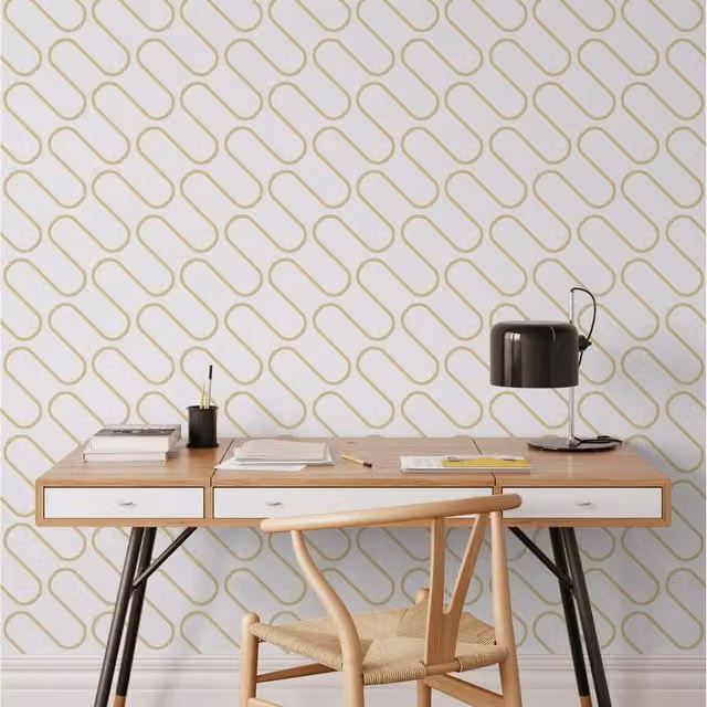 Muriva Abstract Geometric Minimalist Wallpaper with Gold, White and Grey Wavy Lines
