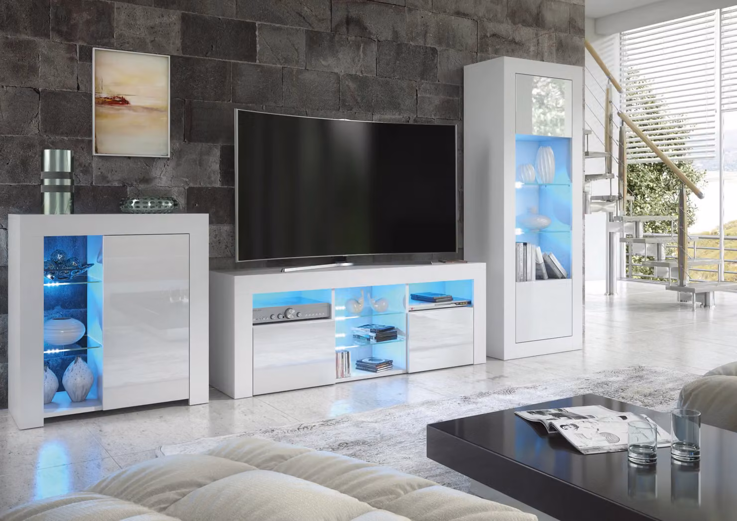 Mex Furniture LTD Modern White Gloss Sideboard with Integrated LED Lighting, W/D/H: 83 x 35 x 75 cm – 4