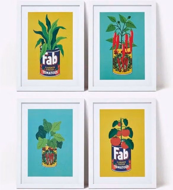 Homescapes Set of 4 Botanical Floral Paper Poster Wall Art, Multi-coloured, W/H: 40 x 40 cm
