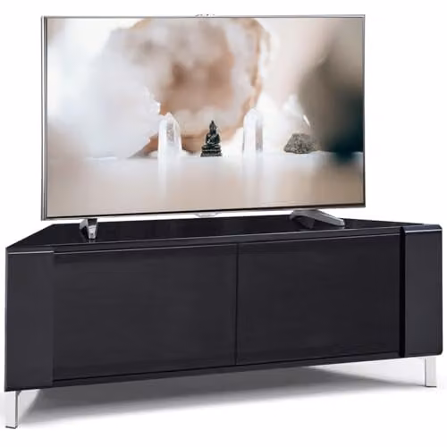 MDA Designs CORVUS Gloss Black Contemporary Corner-Friendly TV Cabinet with BeamThru Glass Doors, W/D/H: 120 x 45 x 48 cm