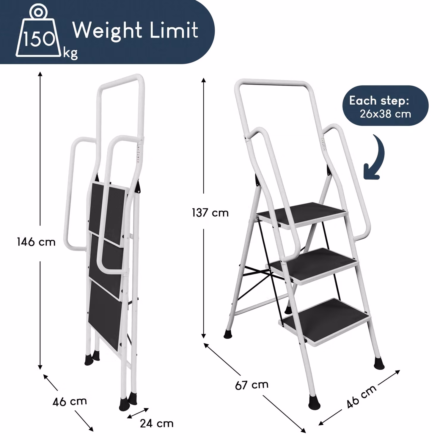Home Discount Vida 3 Step Folding Ladder with Handrail and Anti-Slip Mat in White – 2