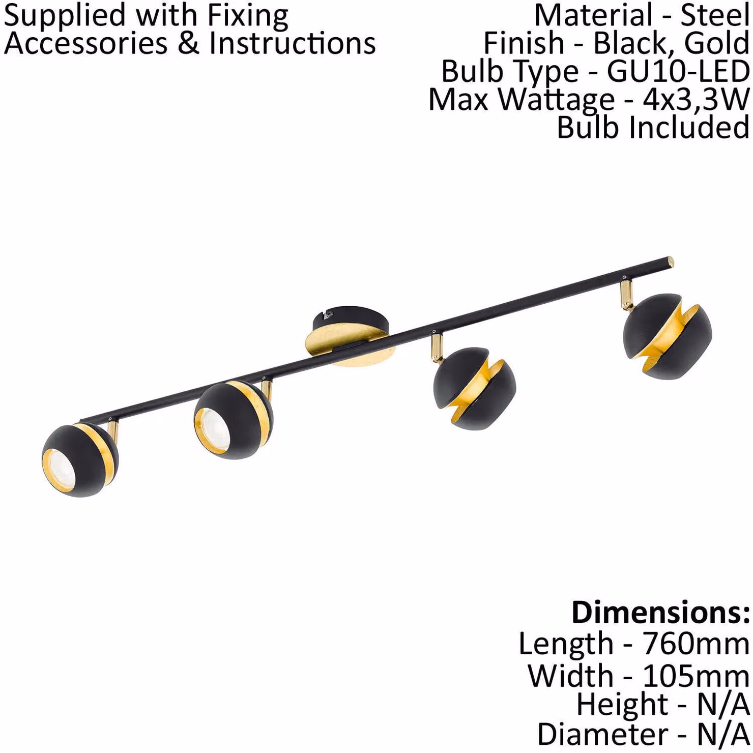 Loops Quad Ceiling Light and 2x Matching Wall Lights in Black and Gold/Brass – 2