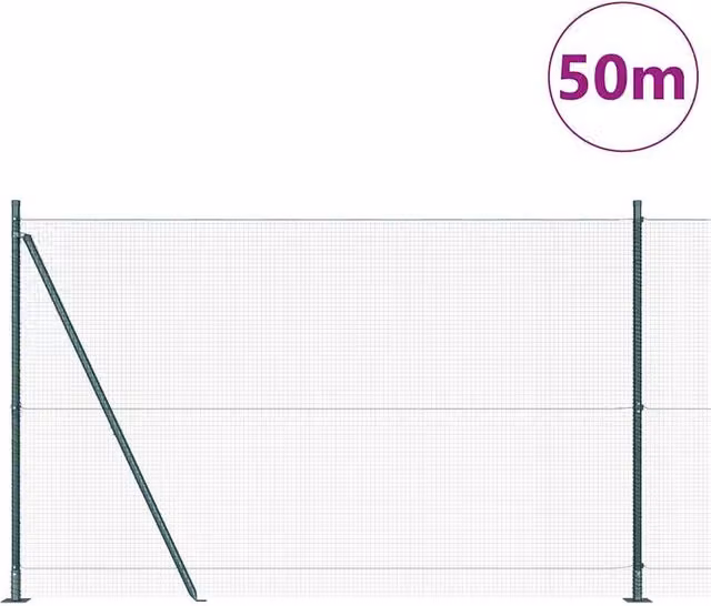 Berkfield Home Green Welded Steel Wire Fence with 13 Flanged Posts, W: 50 m, H: 1.5 m