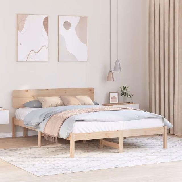 Berkfield Home Solid Pine Wood Bed Frame with Headboard, Beige, W: 150 cm, D: 200 cm, H: 74 cm