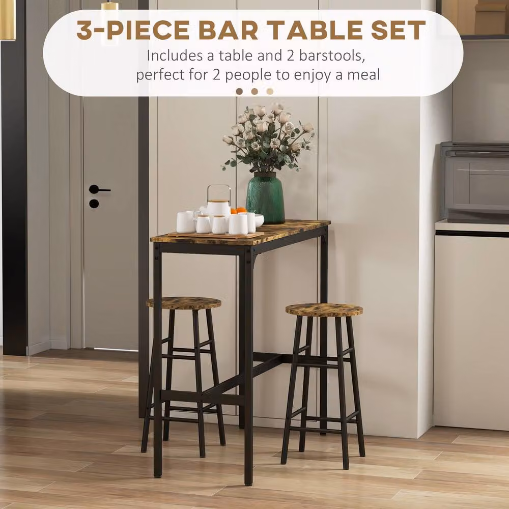 HOMCOM 3 Piece Industrial Kitchen Bar Set with Rectangular Table and Chairs in Oak Brown and White – 3