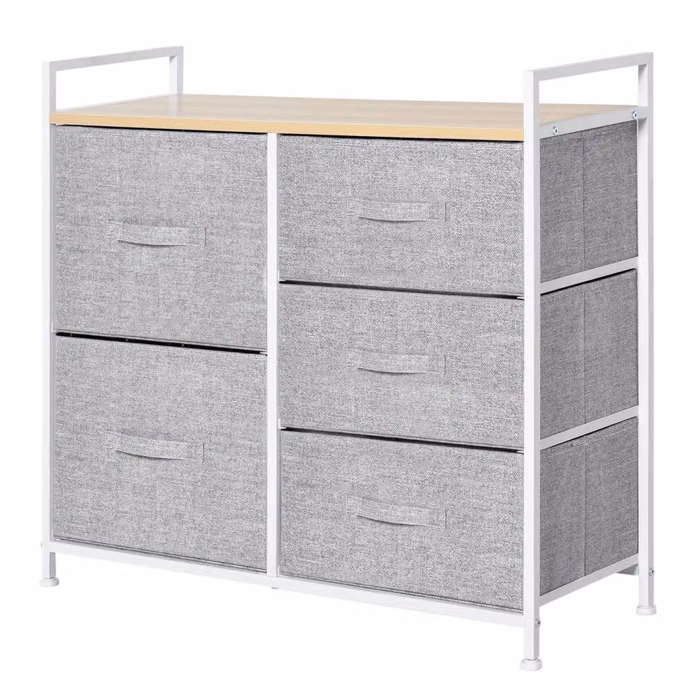 Wyld Haus 5 Drawer Grey Fabric Storage Unit with Natural Wood Top Shelf – 2