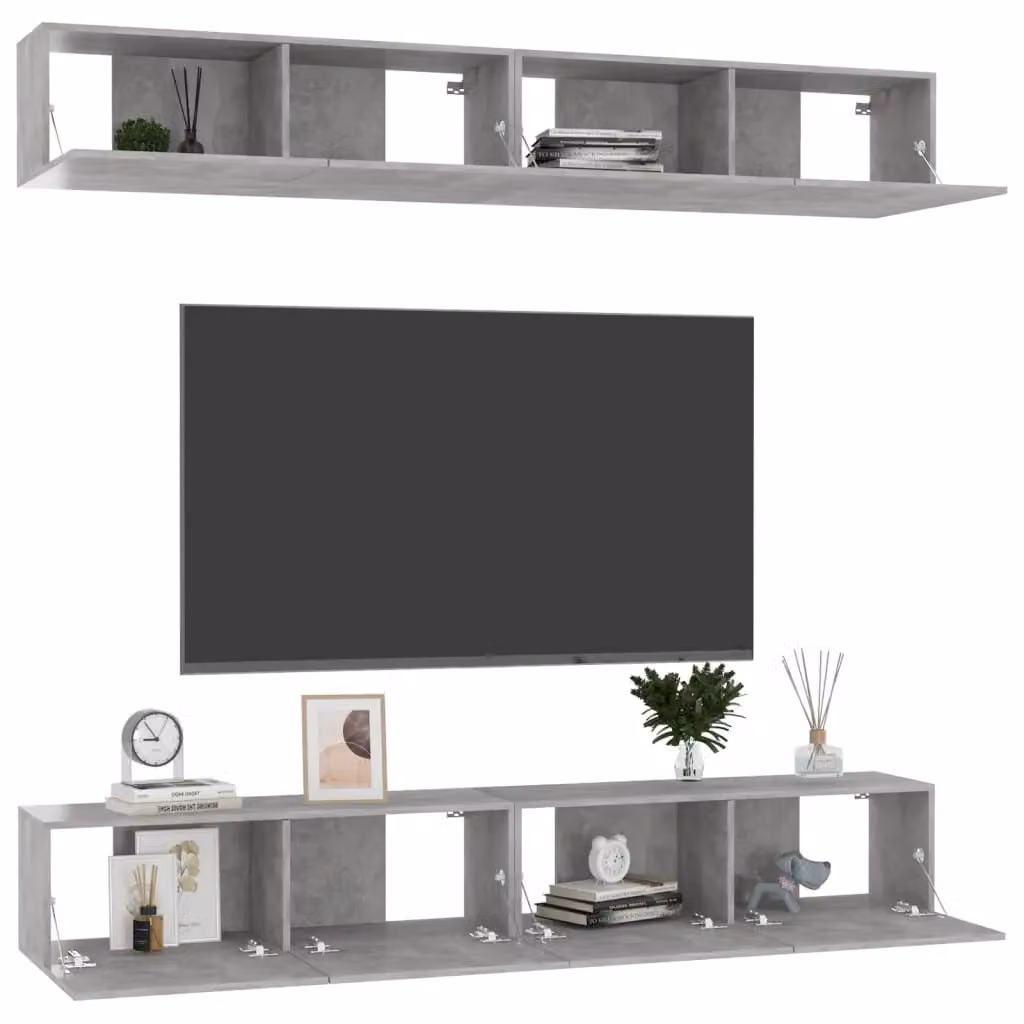 Berkfield Home Set of 4 Modern Wall Mounted TV Cabinets in Concrete Grey, MDF, W/D/H: 100 x 30 x 30 cm – 3