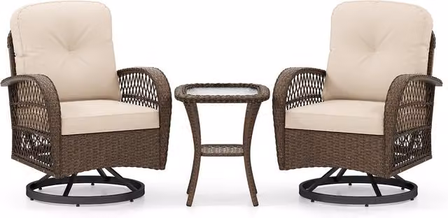Costway 3 Piece Brown Rattan and Steel Swivel Rocker Table and Chairs Set