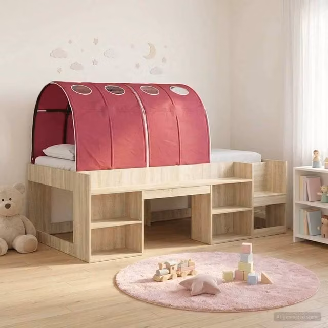 Berkfield Home 3-Piece Childrens Bed Frame with Tunnel in Sonoma Oak and Red Engineered Wood, Brown – 1