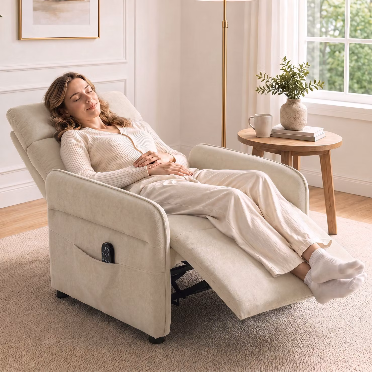 HOMCOM Beige Fabric Recliner Armchair with Massage, Heat and Adjustable Armrests – 2