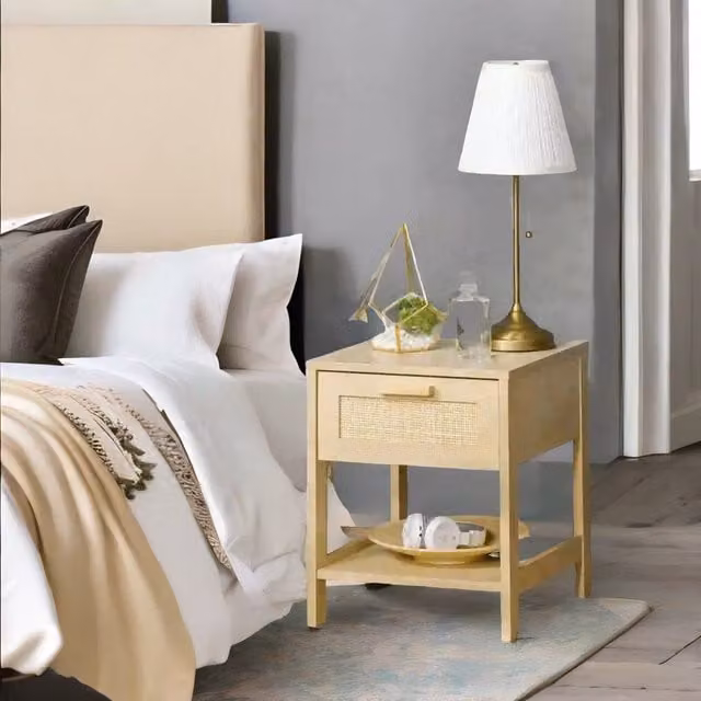 Rafaelo Mobilia Rattan Bedside Table with Drawer and Shelf in Brown and Beige, W: 40 cm, D: 40 cm, H: 48 cm