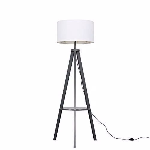 MiniSun Modern Grey Wood Tripod Floor Lamp with Storage Shelf and White Fabric Drum Shade, Includes 6W LED E27 Warm White Bulb – 1