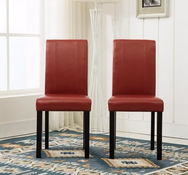 MCC Direct Set of 2 Modern Red Faux Leather Dining Chairs with Wood Legs