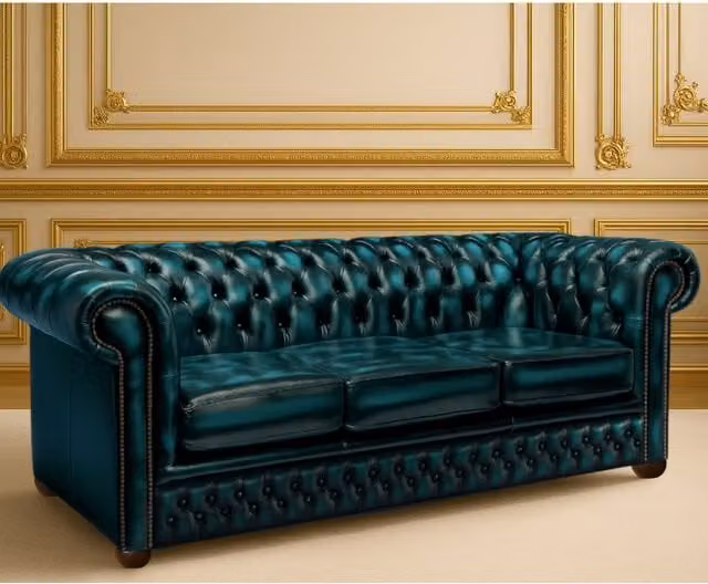 Somnior Beds Ltd Blue Petrol Vintage Leather Chesterfield 3 Seater Sofa with Solid Wood Frame