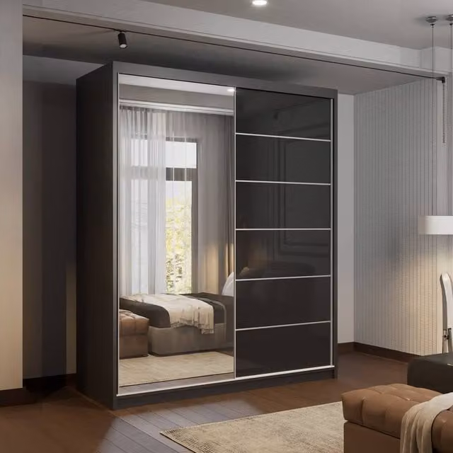Sliding Wardrobes 4U Fusion High Gloss Black Sliding Mirror Door Wardrobe W: 180 cm, H: 200 cm – 1