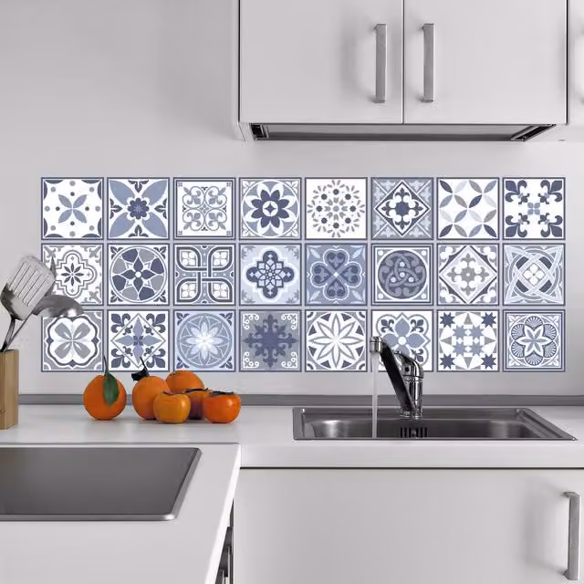 Walplus Blue and White Wall Tile Stickers, 10 x 10 cm, 24 Pack