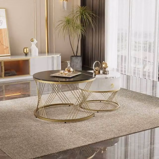 STILVORA Nesting Coffee Table Set with Drawer and Black Marble-Effect Top with Gold Metal X-Frame – 1