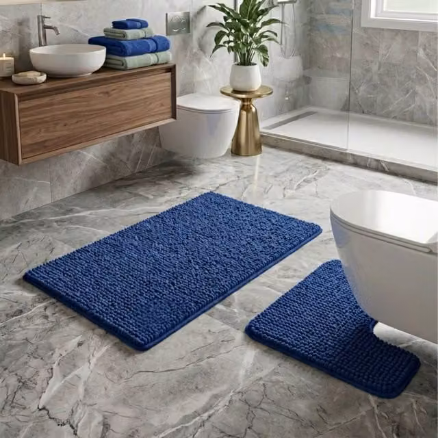 Snug City 2-Piece Blue Chenille Loop Design Bath Mat and WC Pedestal Mat Set, W: 50 cm x L: 80 cm