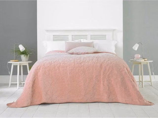 HomeSpace Direct Alexa Geometric Velvet Bedspread in Pink