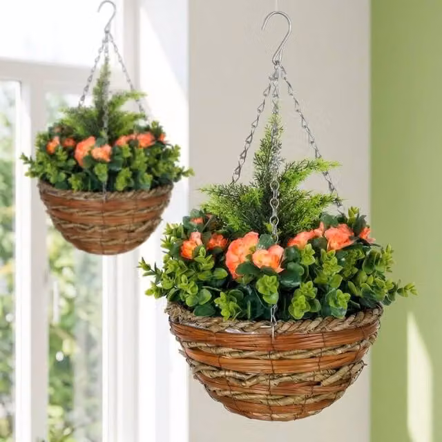 STILVORA Set of 2 Artificial Lisianthus Hanging Flower Pots in Orange – 1