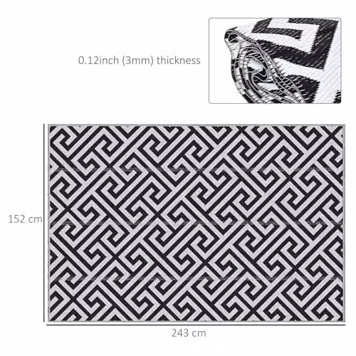 Outsunny Reversible Geometric Outdoor Rug in Black and White, W: 152 cm, D: 243 cm – 2
