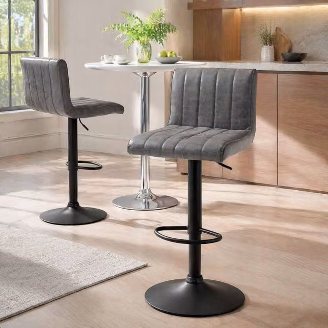 STILVORA Set of 2 Modern Swivel Bar Stools with Grey Synthetic Leather and Steel Frame
