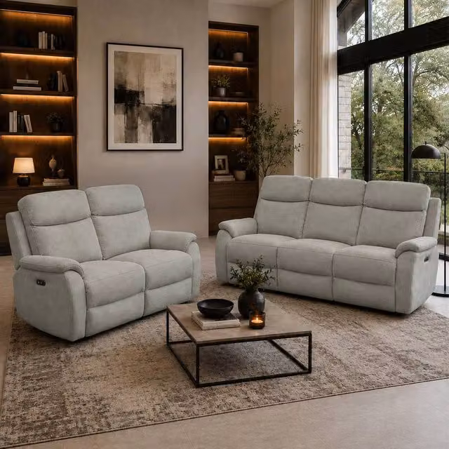 Aspire Richmond 3 + 2 Seater Power Recliner Sofa Set in Grey Chenille Fabric with USB Charging – 1