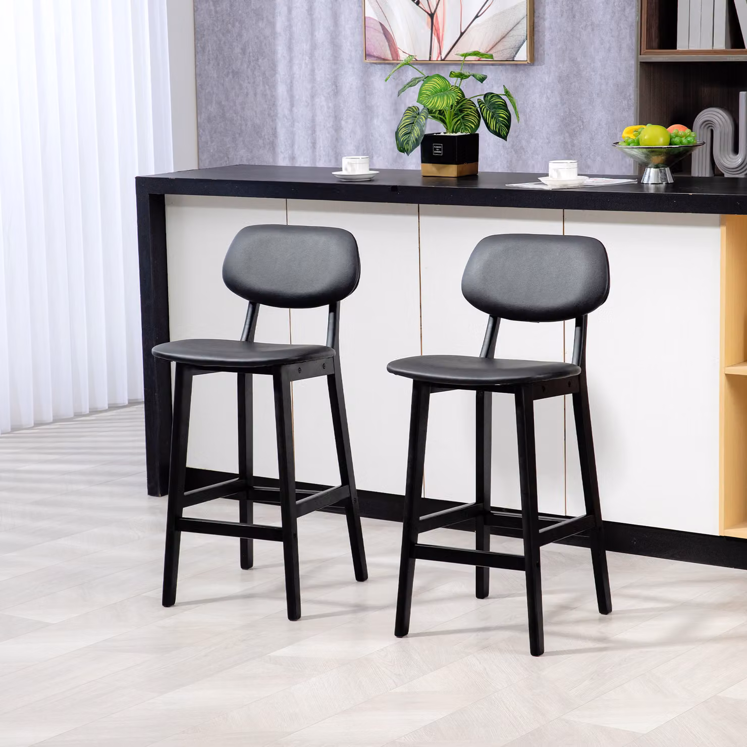 HOMCOM Set of 2 Modern Faux Leather Upholstered Bar Stools with Backs and Wood Legs, Black – 2