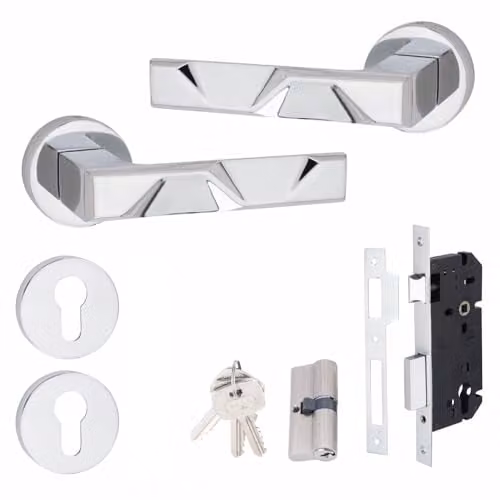Golden Grace Nova Euro Lock Door Handles in Polished Chrome with Key Lock Set