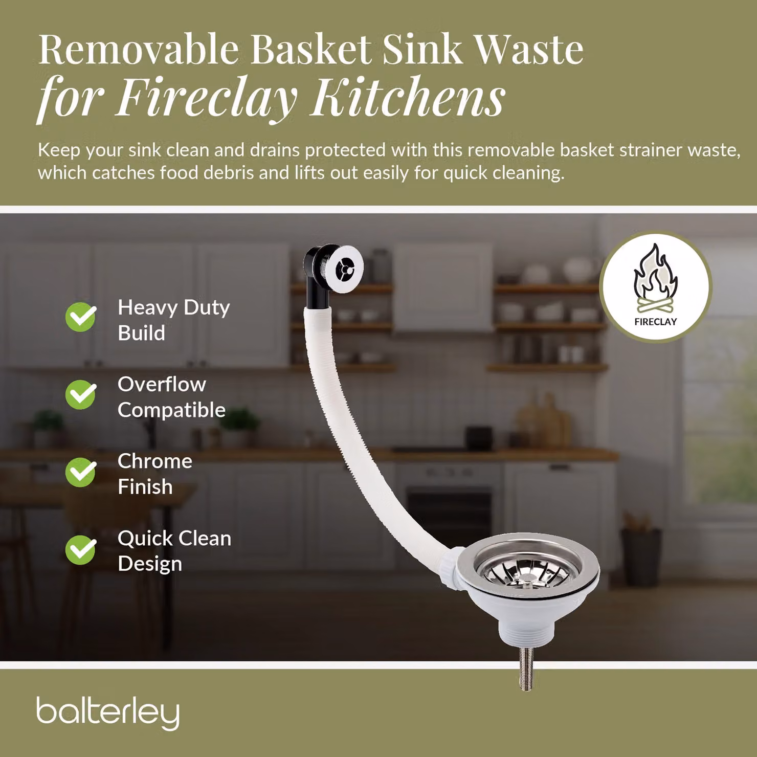 Balterley Fireclay Kitchen Sink Strainer Waste with Overflow in Chrome Silver, 90mm – 3