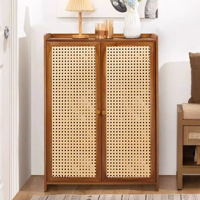 Ventryn Wooden Shoe Cabinet with Double Rattan Doors in Brown