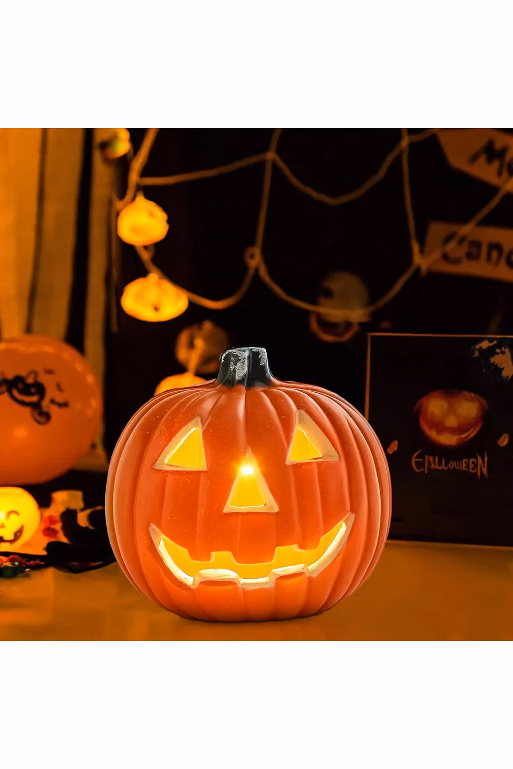 Living and Home Orange Halloween LED Hollow Round Plastic Pumpkin Lantern for Tabletop and Porch Decoration, W: 20 cm, D: 18 cm – 2