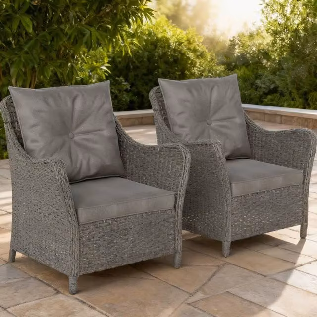 ERGOVEXA Set of 2 Modern Grey Polyrattan Garden Chairs with Removable Weather-Resistant Cushions and Armrests