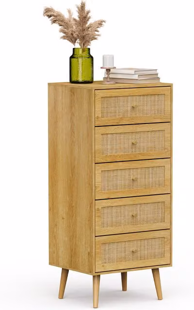 VonHaus Sienna Tall Chest of Drawers with 5 Rattan Drawers in Brown Rubberwood
