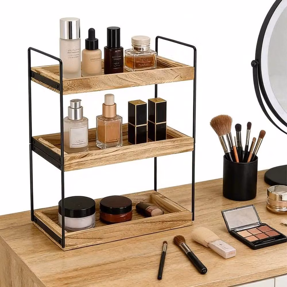 KORVIXA Dual Purpose Bathroom Storage Shelf Rack in Natural Wood, Width: 100 cm – 3
