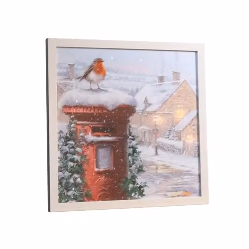 Samuel Alexander LED Battery Operated Fibre Optic Robin and Postbox Christmas Canvas Wall Art, White and Multicolour, W/H: 40 x 40 cm – 3