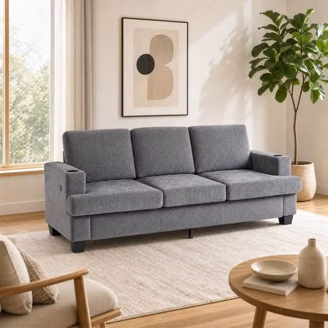 STILVORA 3 Seater Grey Fabric Sofa with USB Charging Ports and Cup Holders