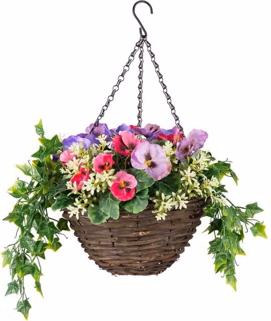 Christow Artificial Pansy Wicker Hanging Basket in Purple and Multicolour, Diameter: 25 cm