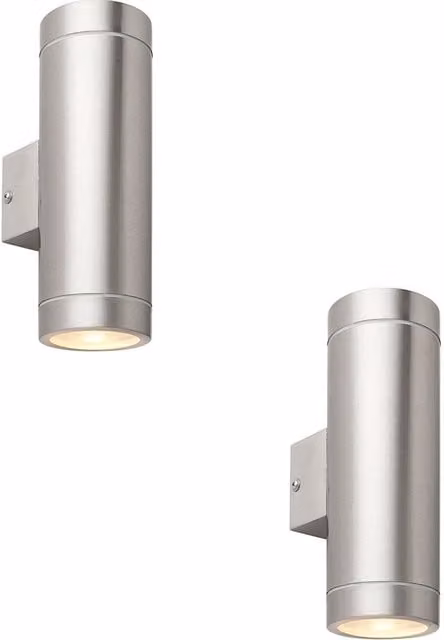 Loops 2 Pack Up & Down Twin Outdoor Wall Light in Silver Stainless Steel with Transparent Glass and GU10 LED Compatibility