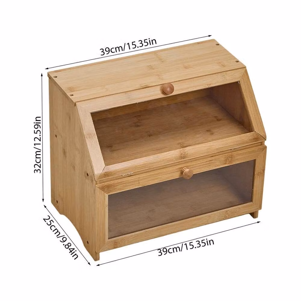 FORGEVIO Burlywood Bamboo Bread Box with Glass Door and Compartments in Brown, W/D/H: 39.0 x 32.0 x 0.6 cm – 2