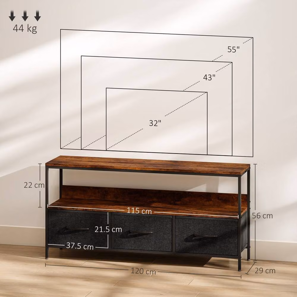 Wyld Haus Avasoro Industrial TV Storage Unit in Brown and Black with 3 Foldable Fabric Drawers, W: 120 cm, H: 56 cm, D: 29 cm – 3