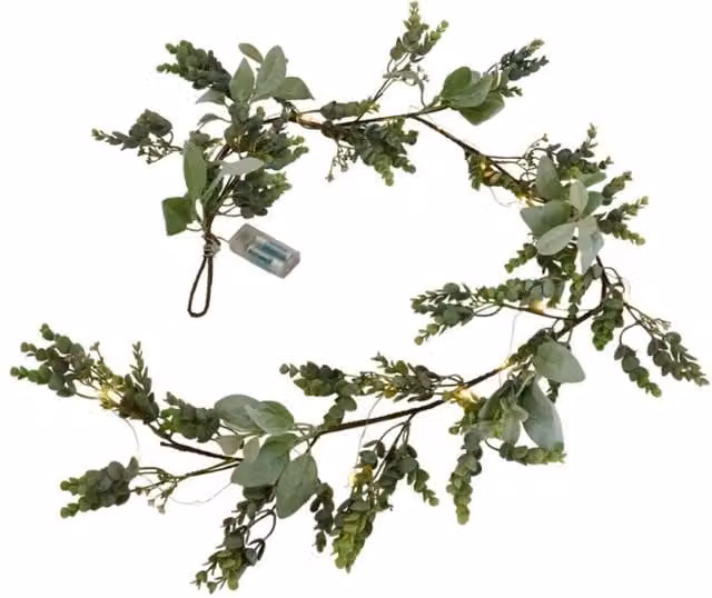 Lemon Pavilion Furniture and Decor LED Winter Garland with Eucalyptus and Lambs Ear, Green, Length: 153 cm – 1